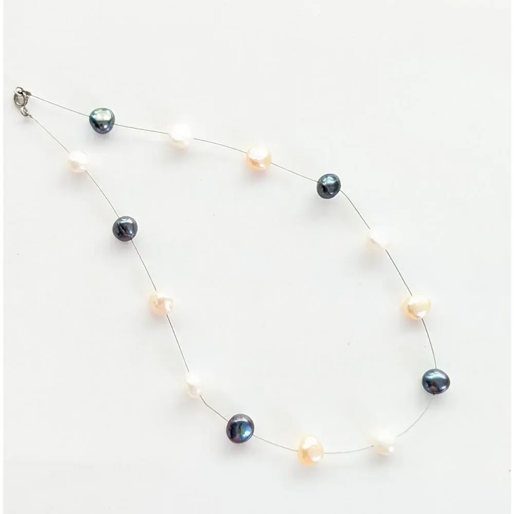 Vintage Large Pearl Memory Wire Sterling Silver Clasp Delicate Coastal Necklace